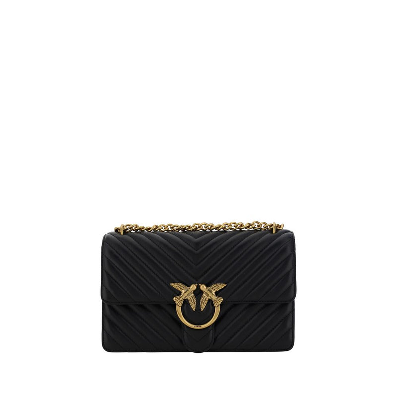 Black quilted leather shoulder bag with gold chain strap and interlocking bird clasp