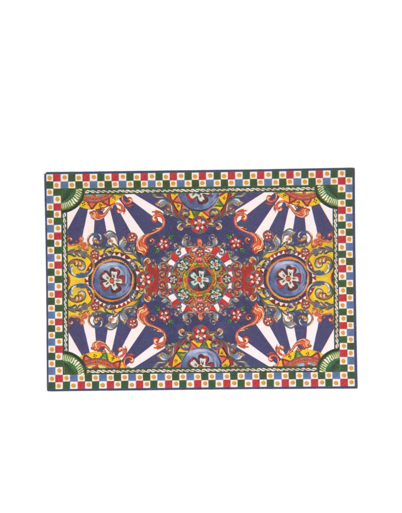 Multicolor Carretto Siciliano print flat leather card holder with ornate motifs and checkered border