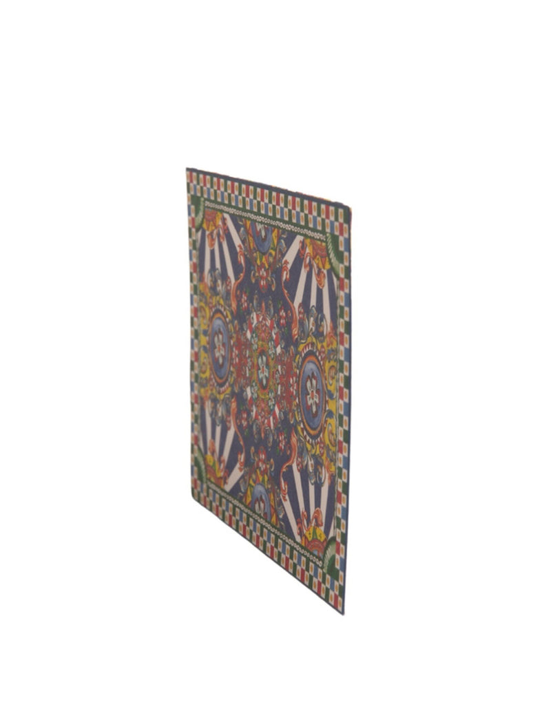 Multicolor leather card holder with ornate Sicilian print and checkered border