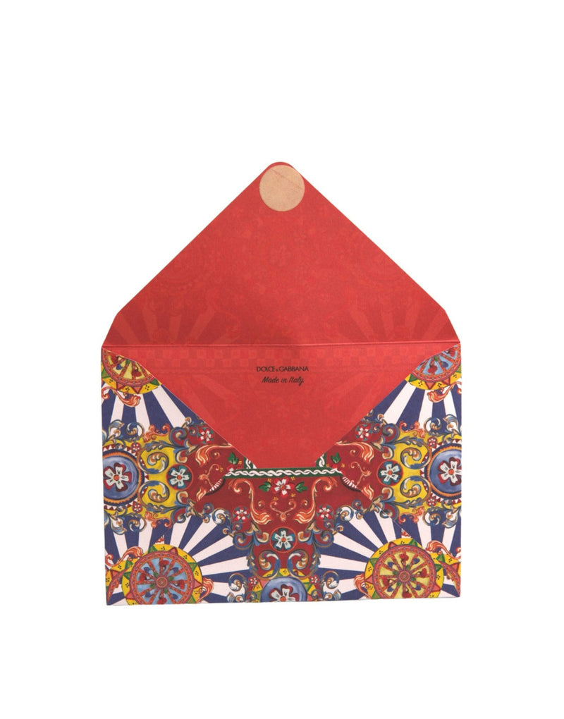 Multicolor paper envelope card holder featuring ornate red, blue, and yellow Sicilian cart style prints