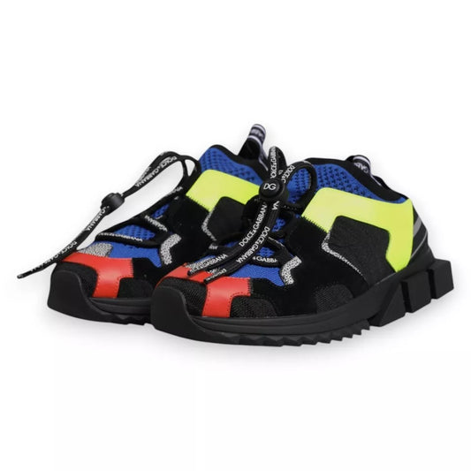Dolce & Gabbana Sorrento trekking sneakers in multicolor mesh and suede with black lug soles and drawstring laces.