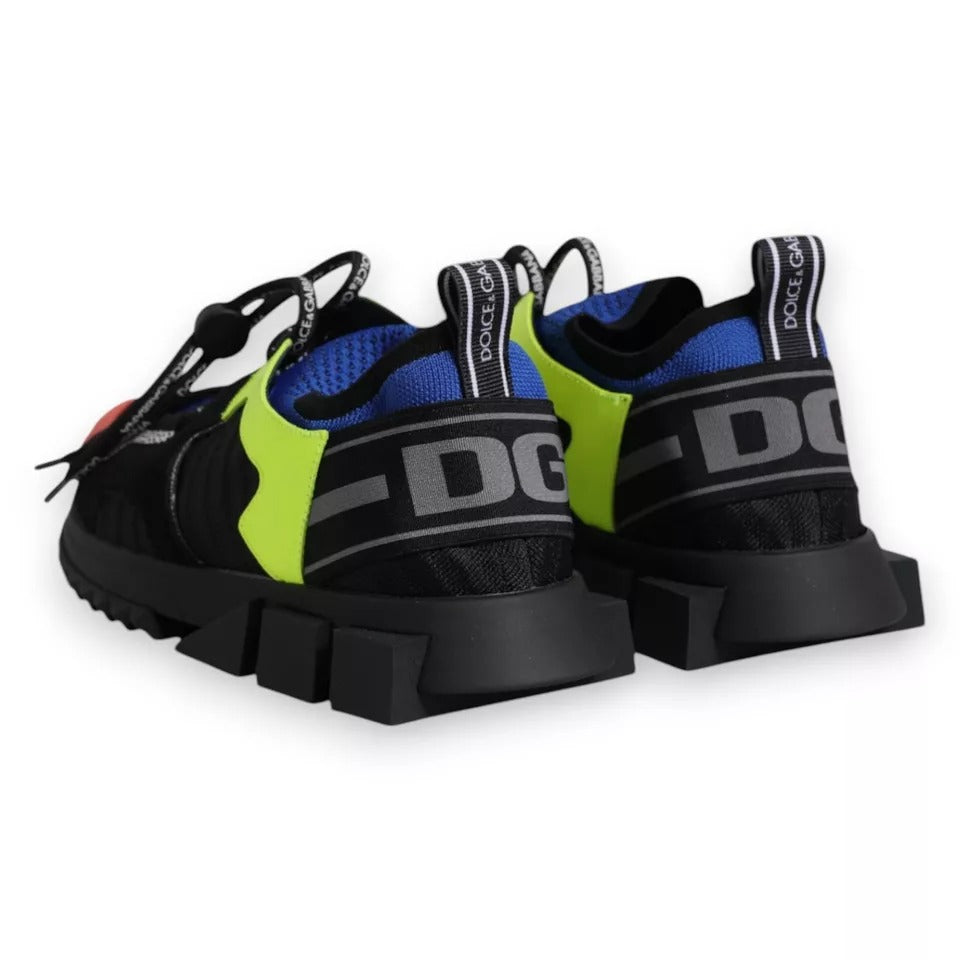 Dolce & Gabbana black, blue, and neon yellow mesh trekking sneakers with a thick rubber sole and DG branding.