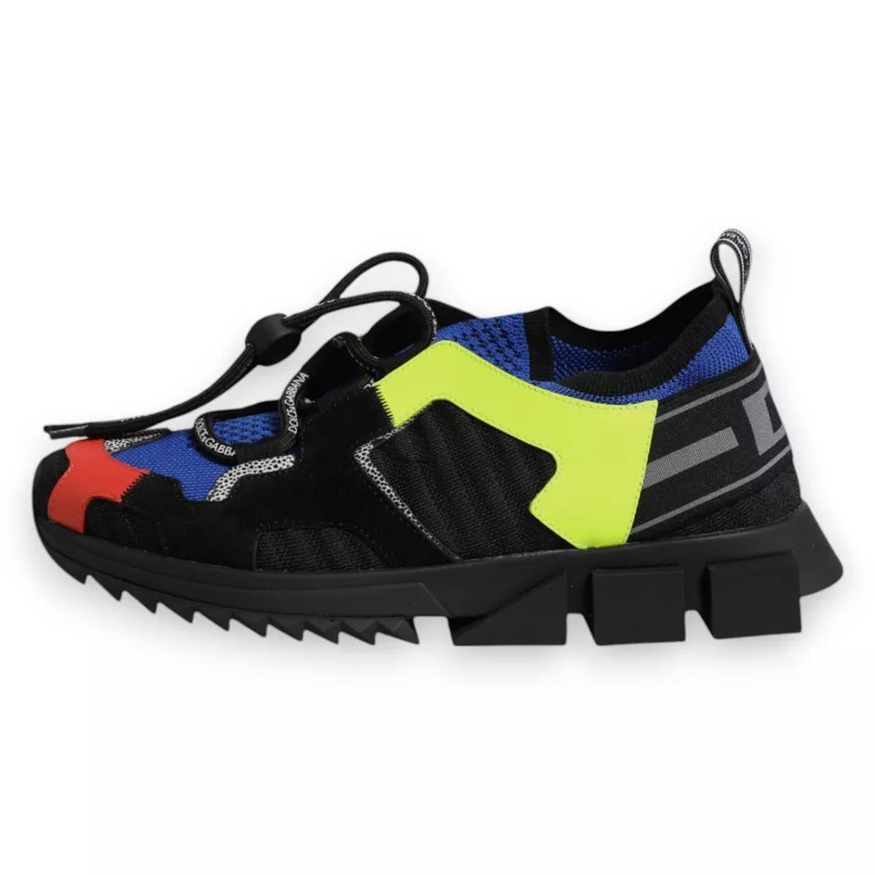 Dolce & Gabbana multicolor mesh and suede trekking sneaker with neon yellow accents, toggle lacing, and chunky sole.