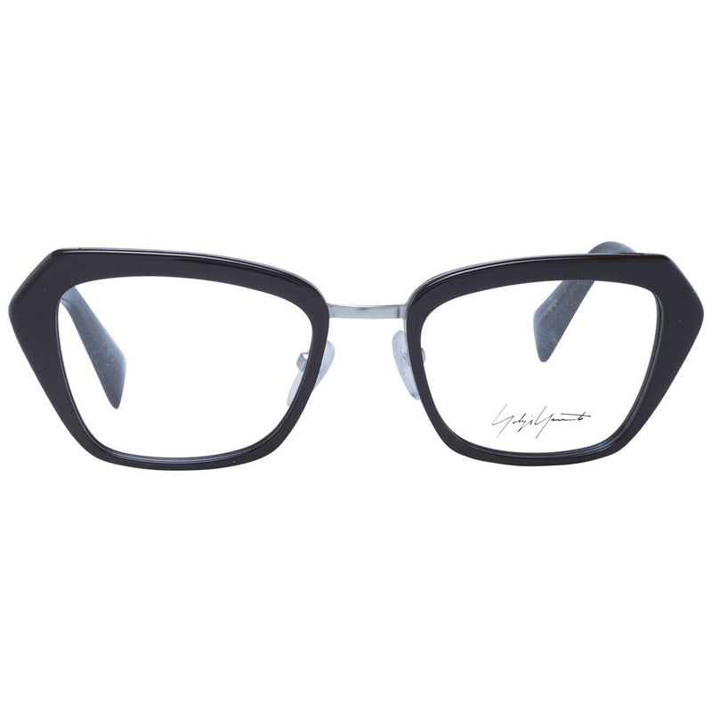Black plastic and silver metal eyeglass frames with thick geometric rims