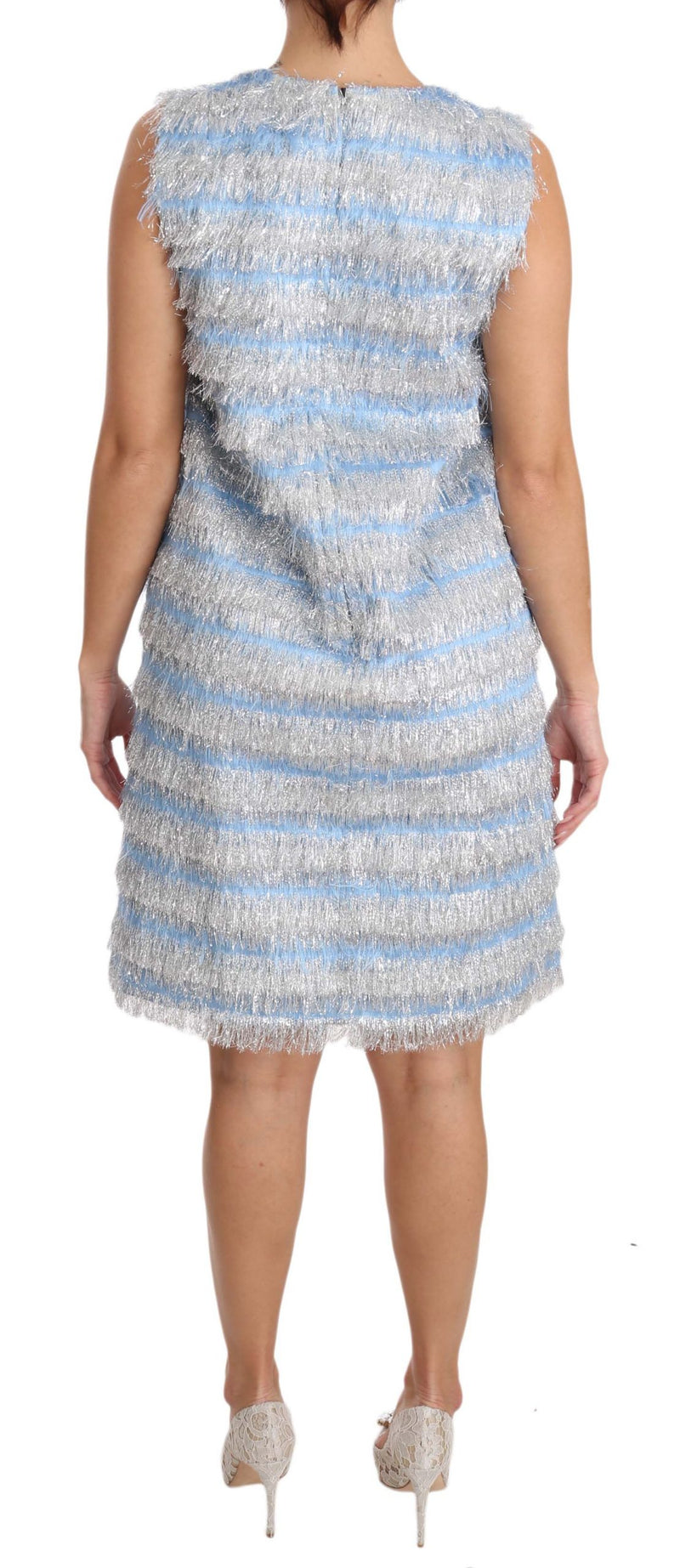 Light blue and silver shift dress covered in tiered fringe layers