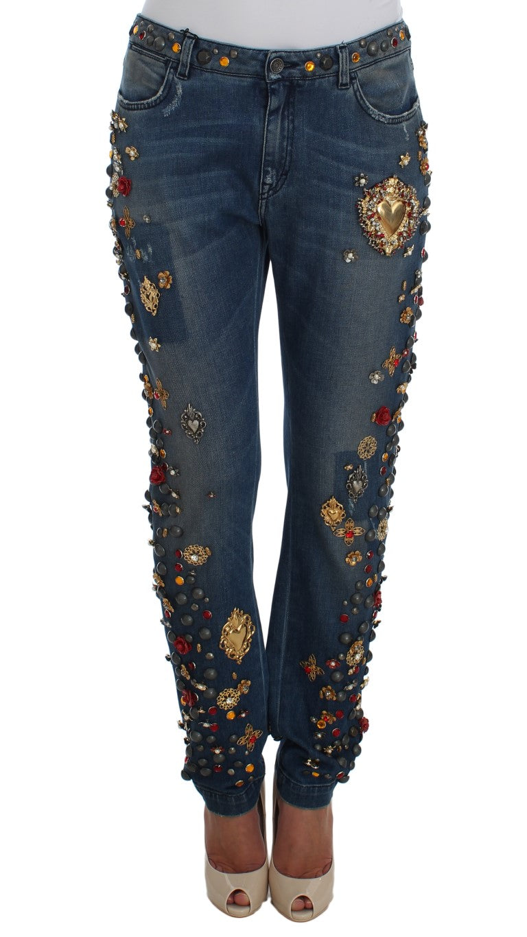 Blue denim jeans with colorful crystal and gold heart embellishments