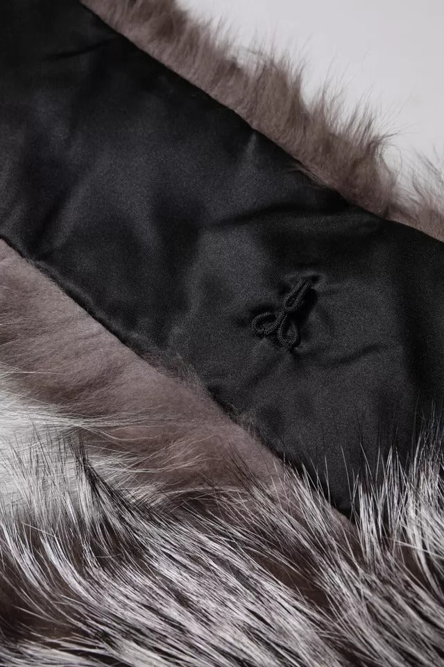 Gray fox fur neck wrap and winter scarf with a black silk lining
