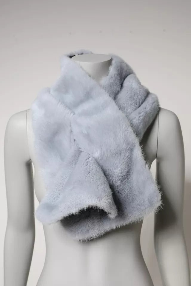 Powder blue mink fur neck warmer scarf styled on a mannequin