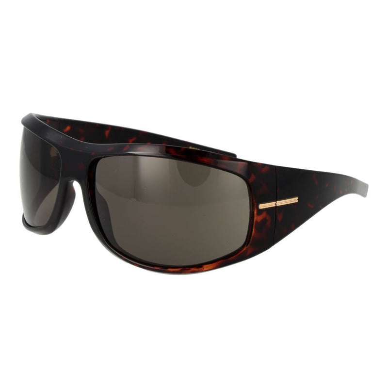 Brown tortoiseshell eco polyamide shield sunglasses with dark tinted lenses