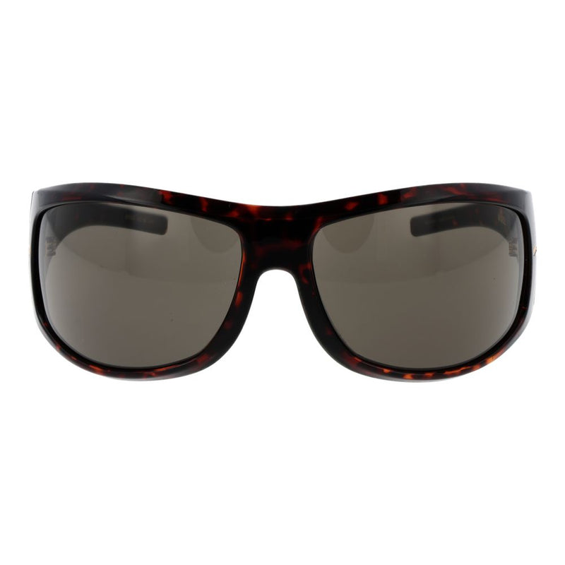 Brown tortoiseshell eco polyamide sunglasses with dark lenses in a sporty wrap-around style