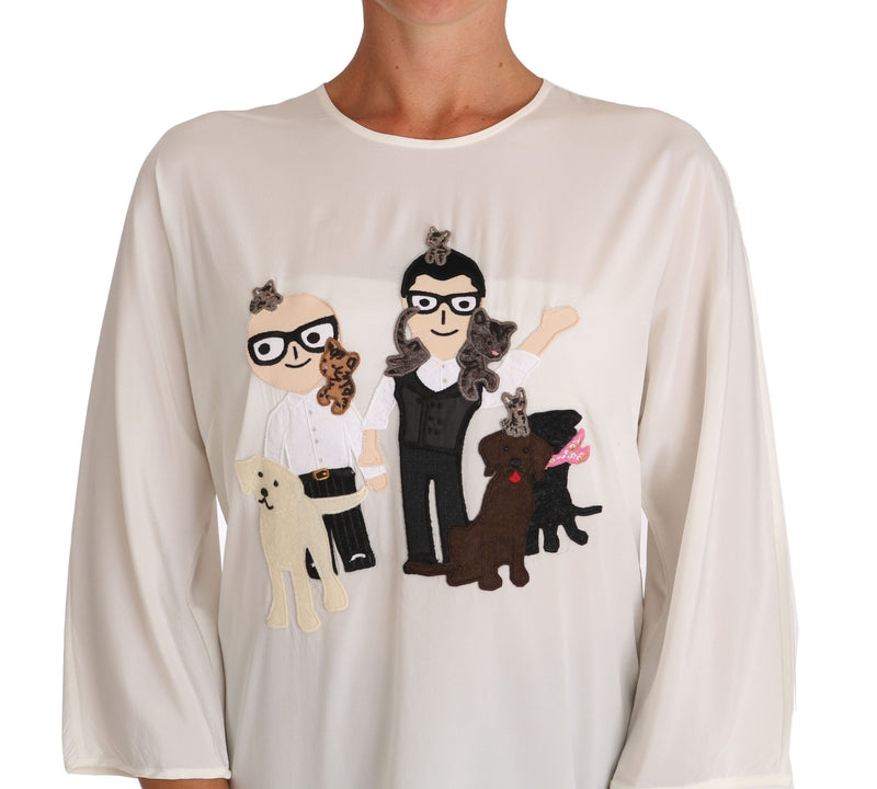 White silk blouse with round neck and cartoon embroidered family and pets