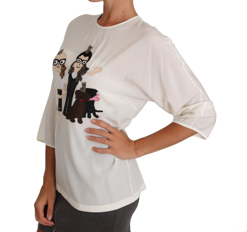 White silk blouse with DG Family appliqués and three-quarter sleeves