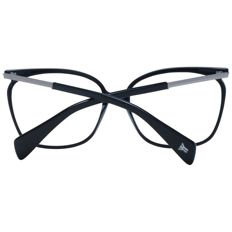 Black acetate eyeglasses frames with silver metal temples and folded arms