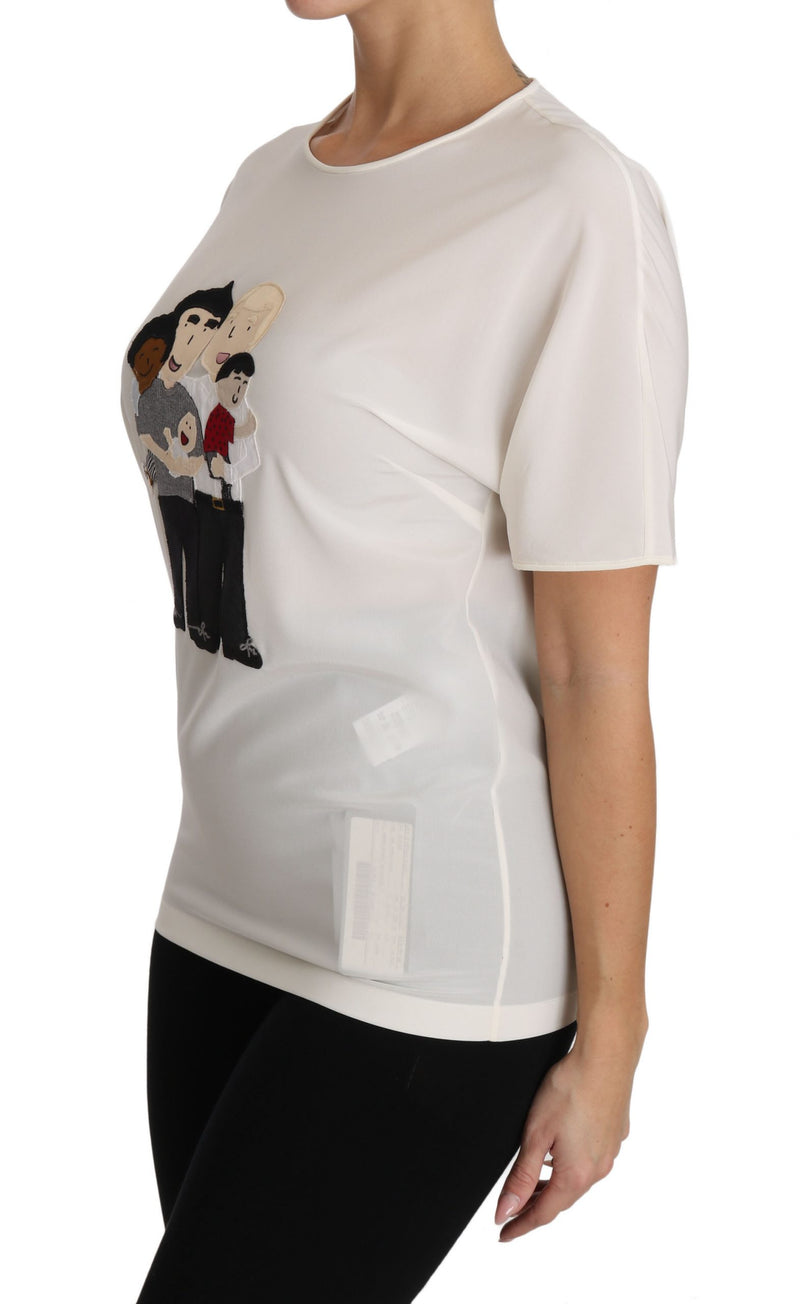 White silk stretch t-shirt with short sleeves and a graphic print on the front