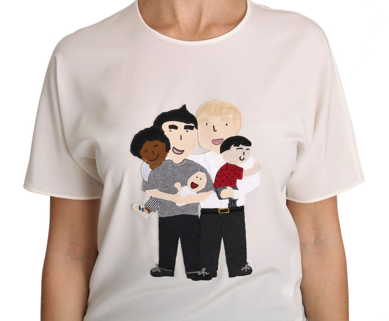 White silk stretch t-shirt with a cartoon family embroidered graphic on the chest