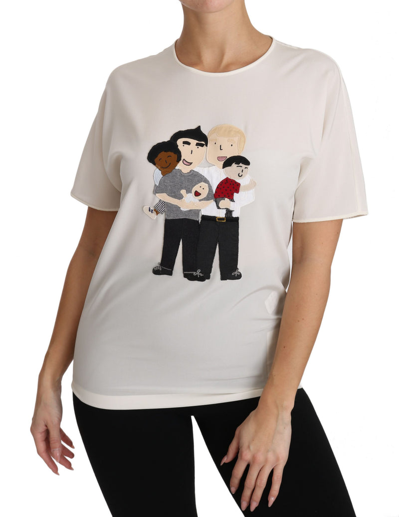 White silk stretch t-shirt with crew neck and family cartoon patch