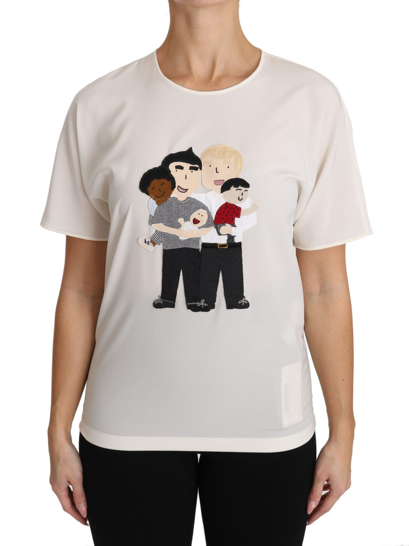 White silk stretch short-sleeve t-shirt with a colorful embroidered family graphic on the front