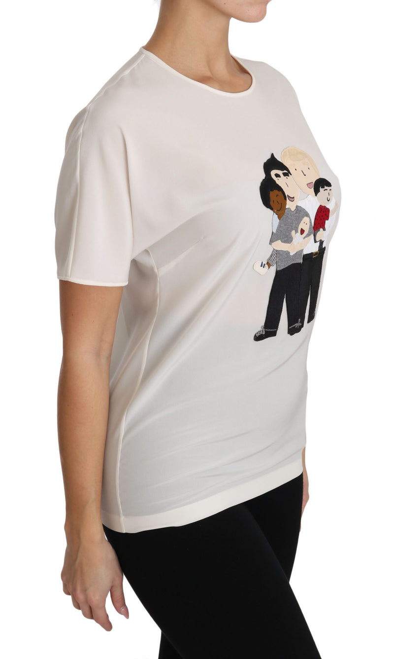 White silk short-sleeve t-shirt with a cartoon family graphic print on the front