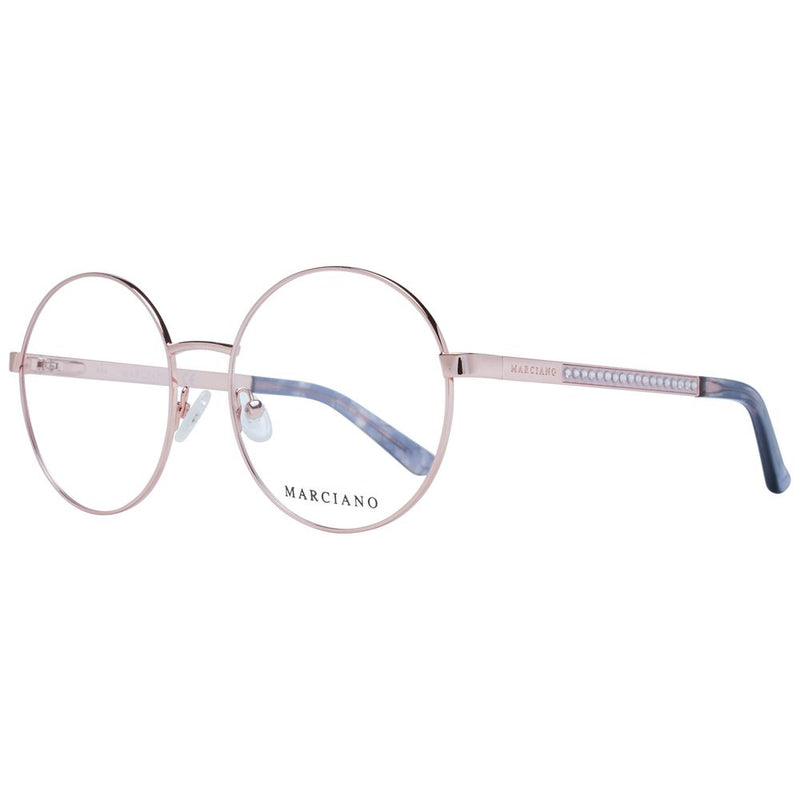 Round rose gold metal eyeglasses frames with blue patterned temple tips