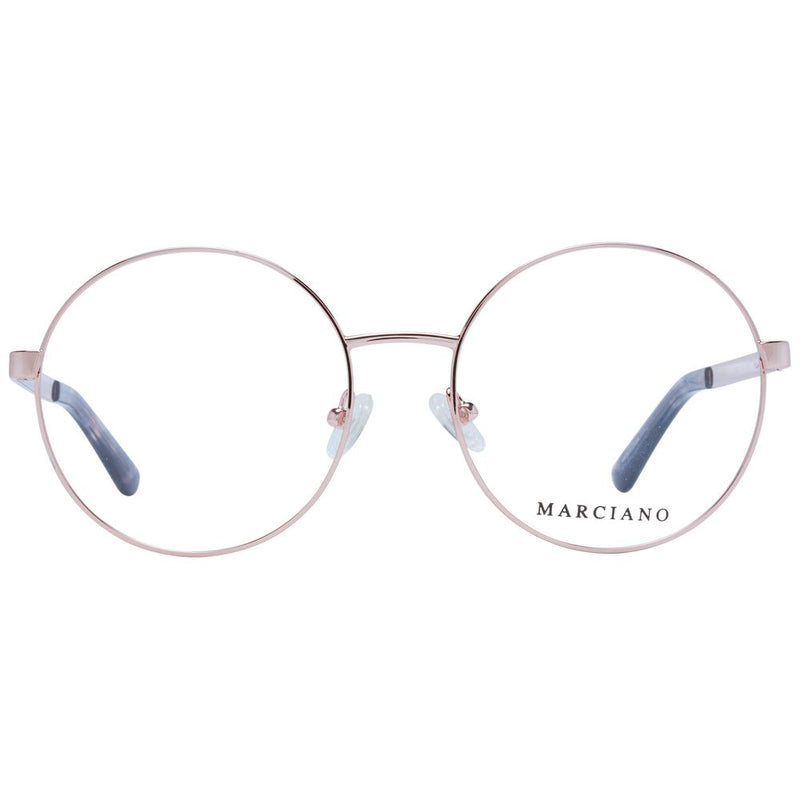 Round rose gold metal eyeglass frames with Marciano branding