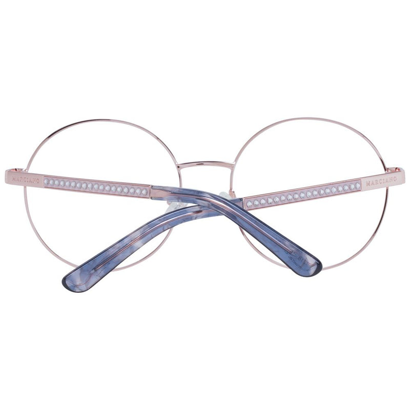 Round rose gold metal eyeglasses frames with crystal-embellished temples and blue tortoiseshell tips