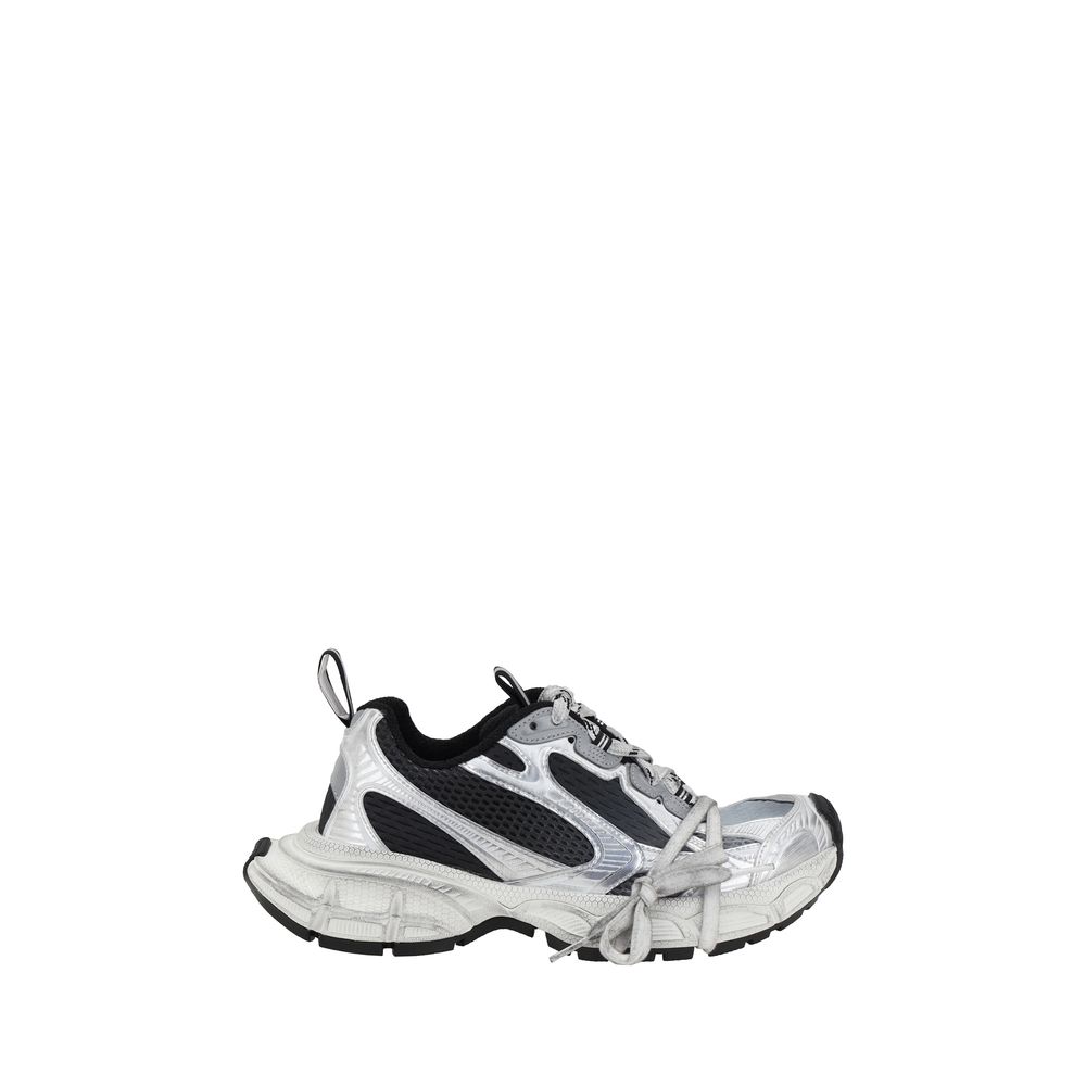 Balenciaga athletic sneakers in silver metallic and black mesh with a bulky layered sole and decorative wrap laces.