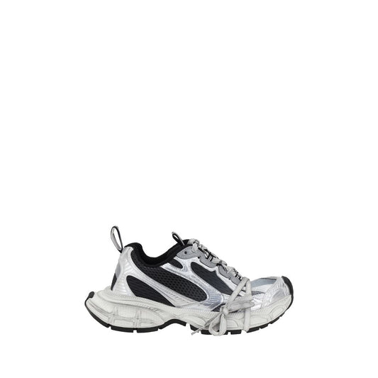 Balenciaga athletic sneakers in silver metallic and black mesh with a bulky layered sole and decorative wrap laces.