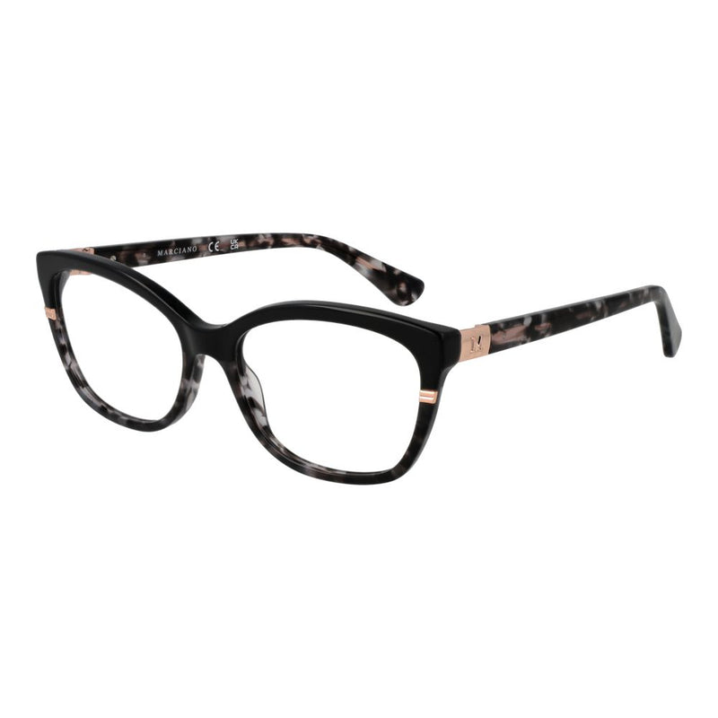 Black and grey tortoiseshell acetate cat eye eyeglass frames with gold accents