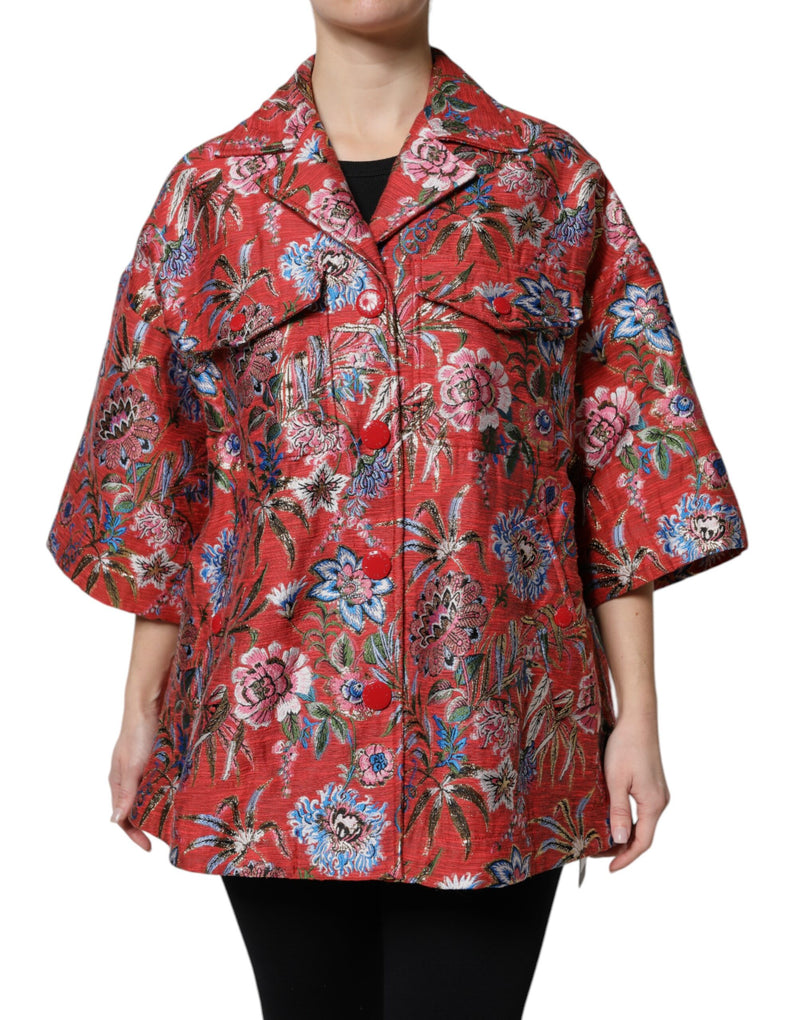 Red floral jacquard button down jacket with short sleeves and collar