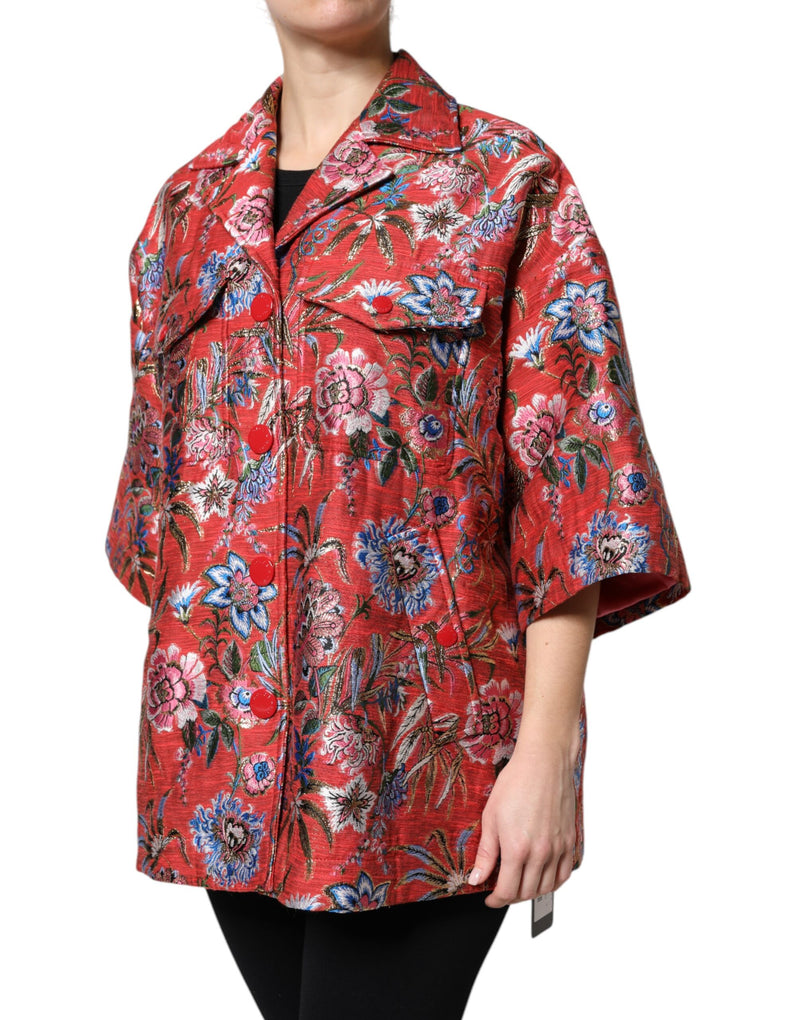 Red floral jacquard button down jacket with lapels and three quarter sleeves