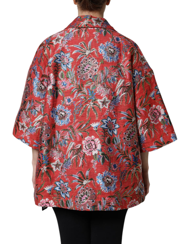 Red floral jacquard jacket with collar and elbow-length sleeves viewed from behind
