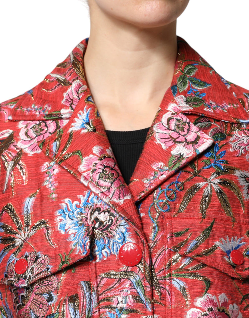 Red floral jacquard button down coat with lapels and pockets