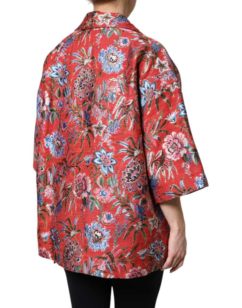 Red floral jacquard button down coat jacket in a relaxed fit with three quarter length sleeves