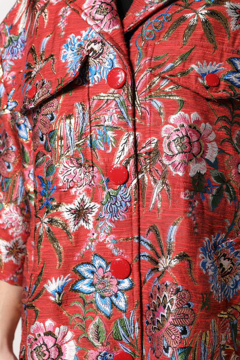 Red floral jacquard button-down coat jacket with large red buttons and colorful woven flower pattern