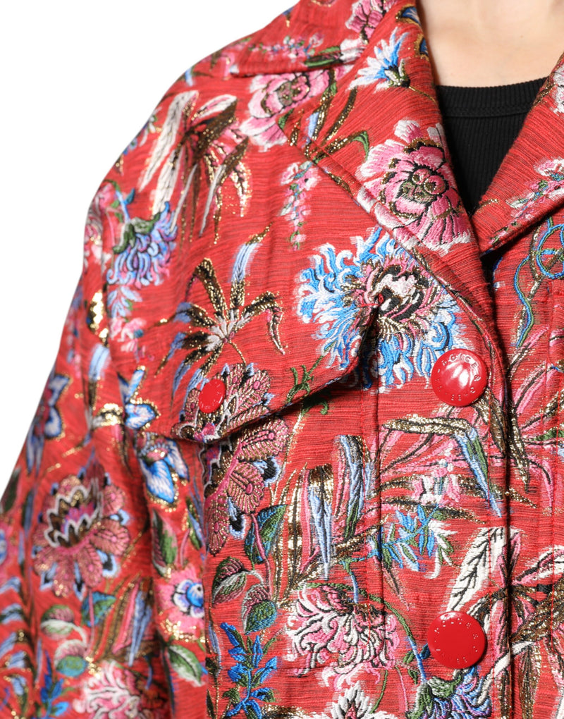 Red floral jacquard button down jacket with metallic gold details and large red buttons