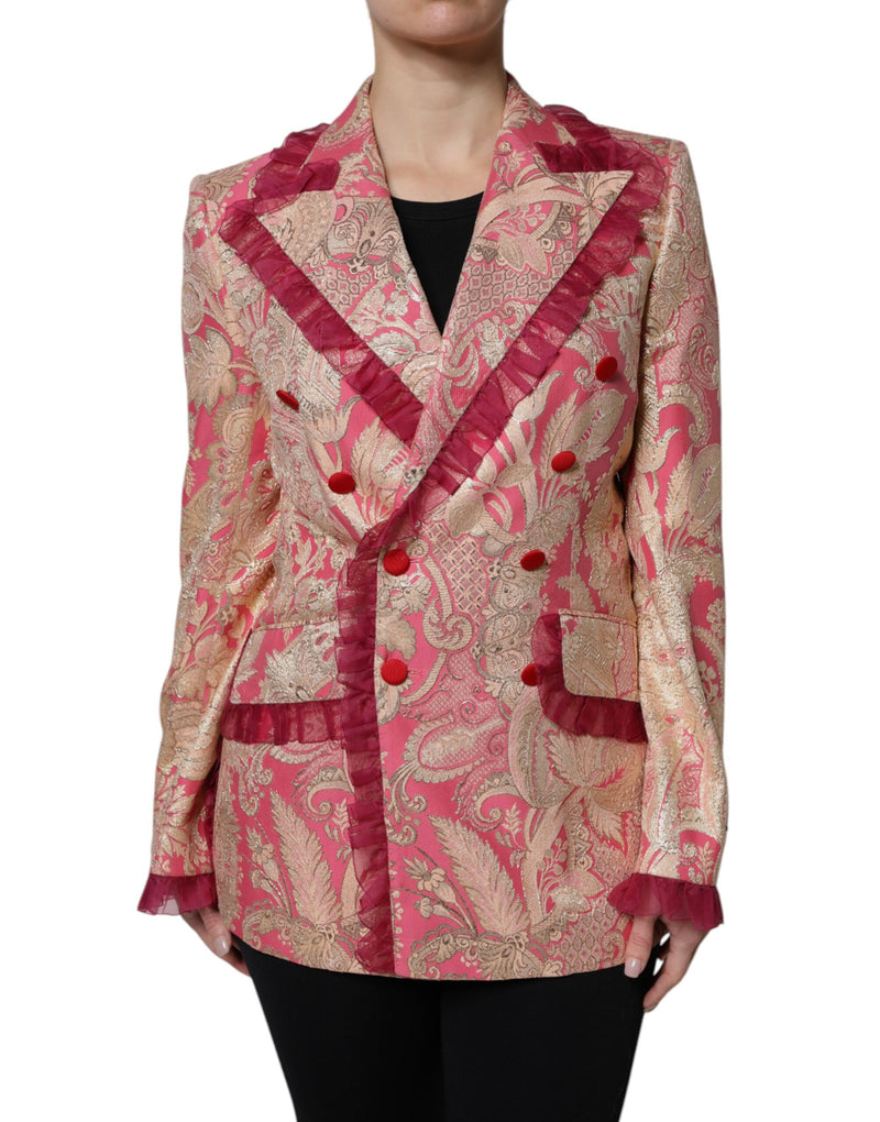 Pink and gold jacquard nylon double-breasted blazer jacket with red ruffled trim and buttons