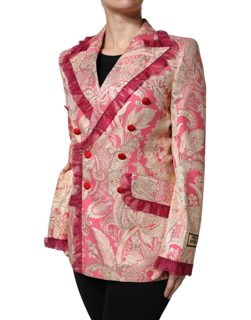 Pink and gold jacquard double breasted blazer with red ruffles and buttons