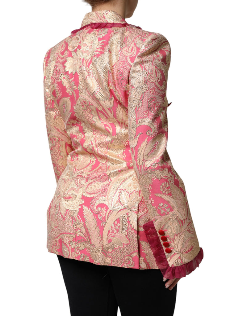 Pink and gold jacquard nylon blazer jacket with ruffled collar and cuffs