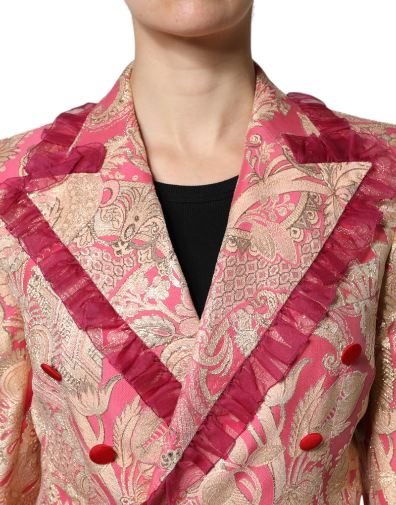 Pink and gold jacquard nylon blazer with ruffled lapels and red buttons