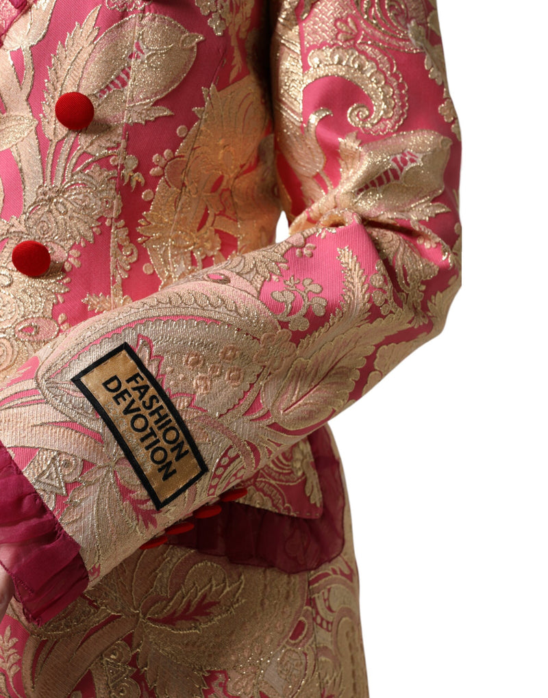 Pink and gold jacquard nylon blazer with red buttons and a Fashion Devotion sleeve patch