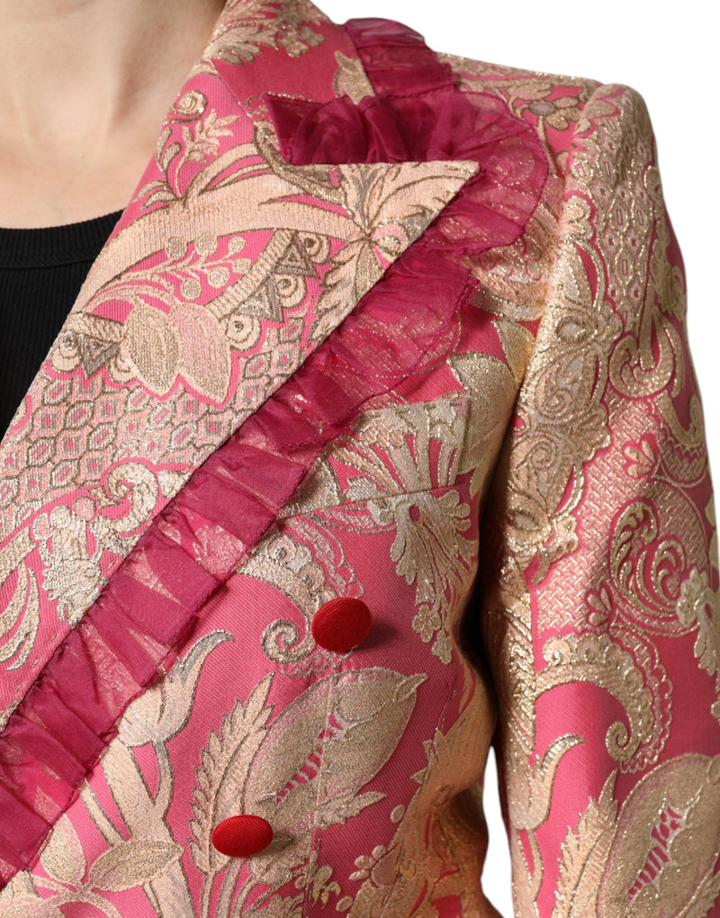 Pink and gold jacquard nylon blazer jacket with ruffled lapels and red buttons