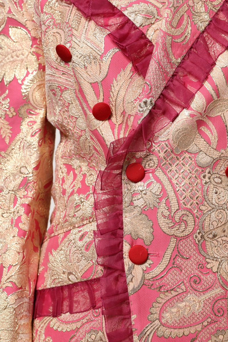 Pink and gold jacquard nylon blazer jacket with ruffled lapels and red fabric buttons