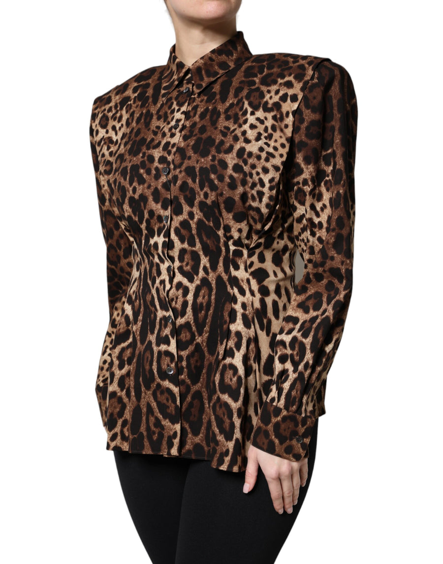 Brown leopard print silk button-down jacket with structured shoulders
