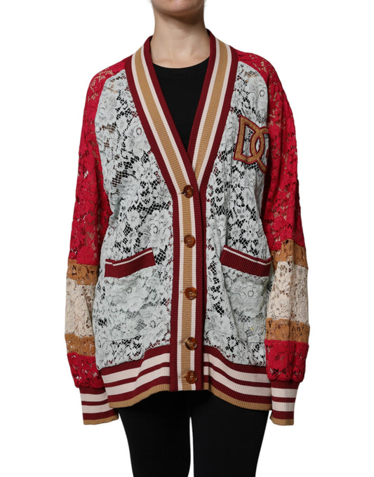 Multicolor floral lace cardigan sweater with striped ribbed trim and buttons