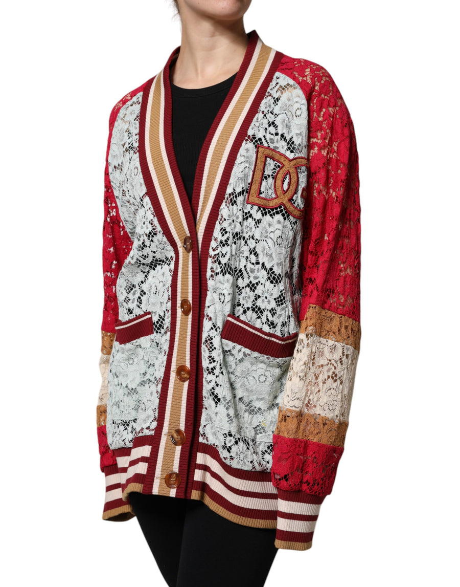 Multicolor floral lace cardigan sweater with striped ribbed trim and buttons