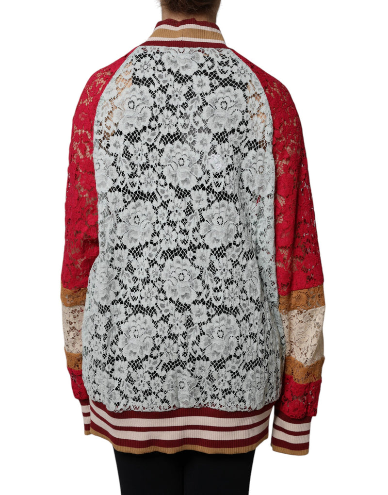 Multicolor floral lace cardigan sweater with red sleeves and striped ribbed trim