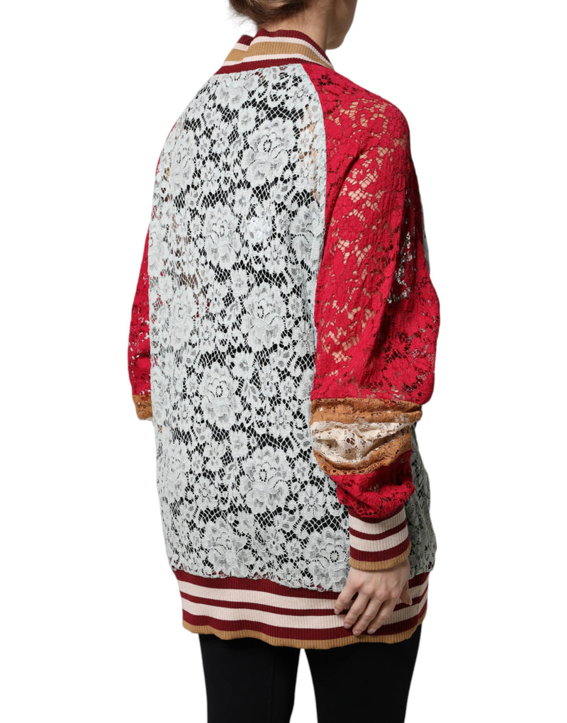Multicolor floral lace cardigan with red sleeves and striped ribbed trim