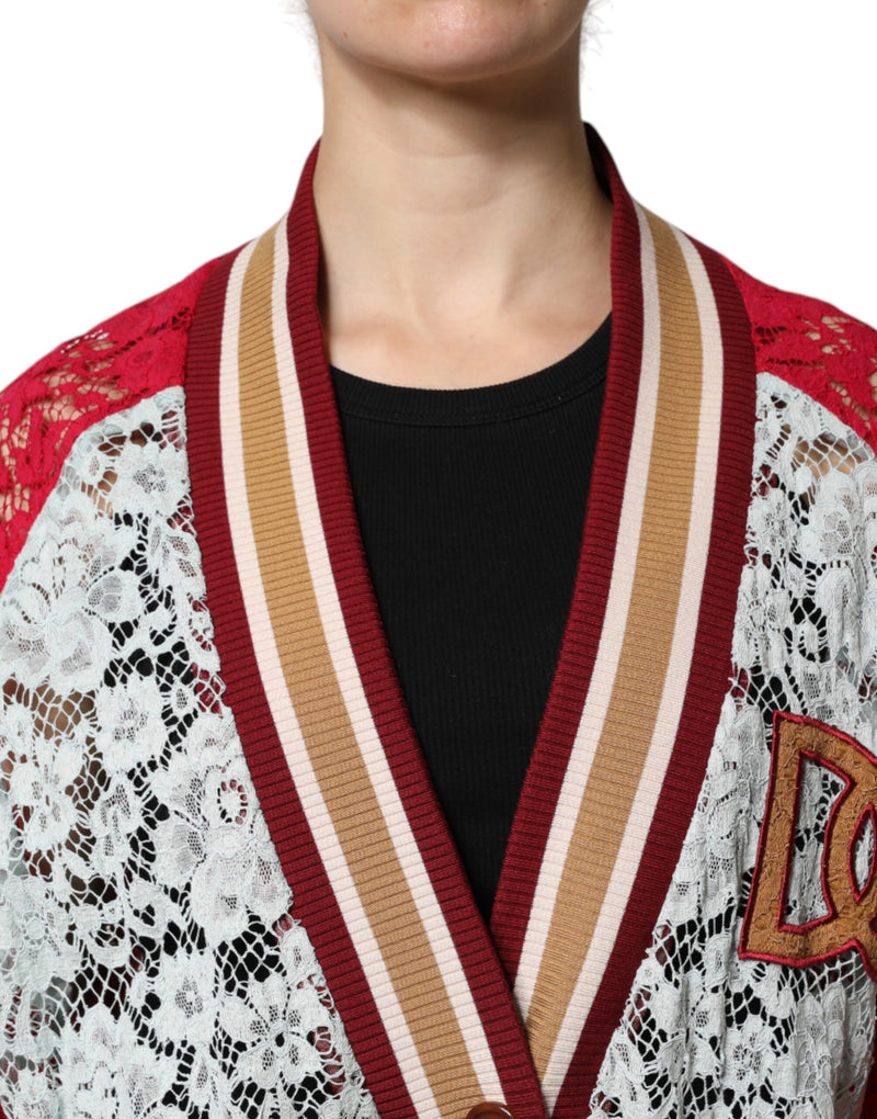 Multicolor floral lace cardigan with striped ribbed trim and letter patch