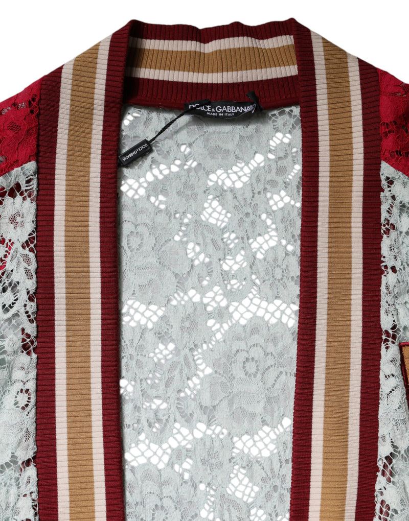 Multicolor floral lace cardigan sweater with striped ribbed trim