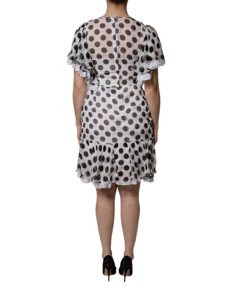 White and black polka dot silk blend a-line dress with ruffled sleeves